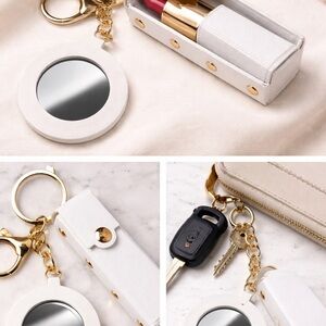 White Lipstick Holder Keychain Mirror Case Travel Makeup Organizer
